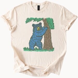 Blue Bear Climbing Tree Graphic Tee Vintage Wildlife Illustration